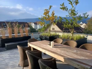 Dachterrasse mit Pflanzgefässen, Gräsern und Sitzbereich aus Rattanmöbeln