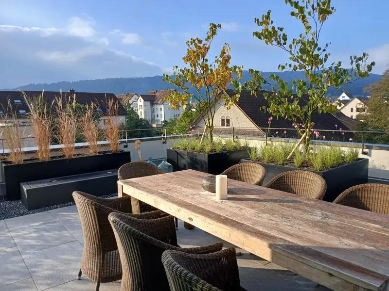 Dachterrasse mit Pflanzgefässen, Gräsern und Sitzbereich aus Rattanmöbeln