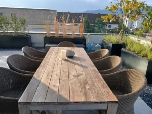 Gartentisch mit Rattanstühlen auf begrünter Dachterrasse